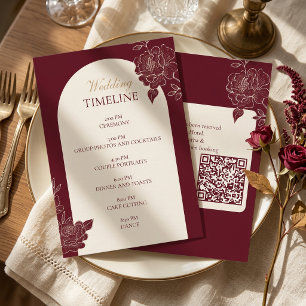 Deep Burgundy Floral Arch Wedding Timeline Card