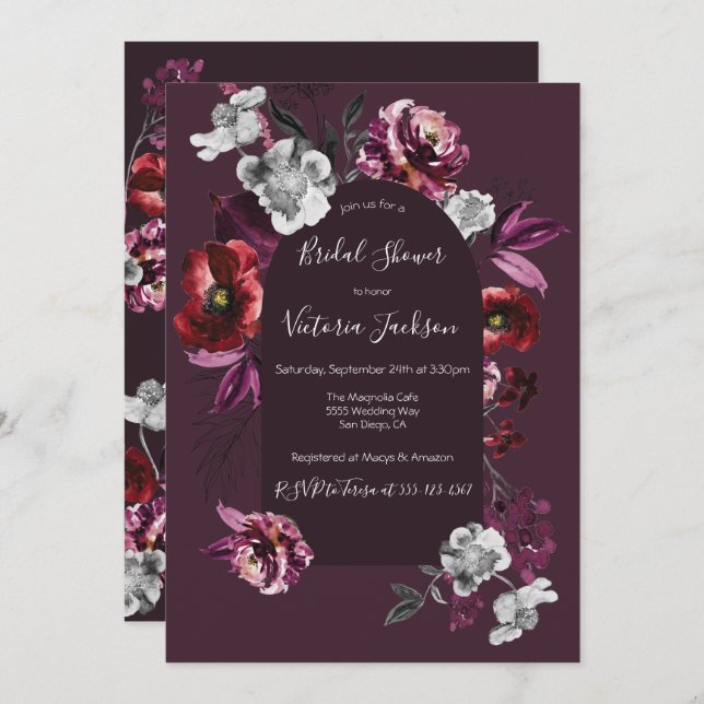 Deep Burgundy Floral Dark & Moody Bridal Shower In Invitation (Front/Back)