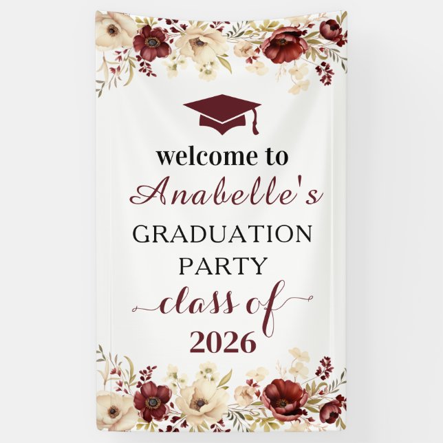 Deep Burgundy Floral Graduation Banner (Vertical)