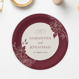 Deep Burgundy Floral Ivory Circle Wedding Paper Plate
