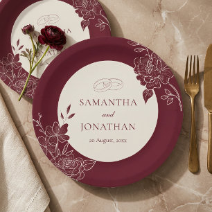 Deep Burgundy Floral Ivory Circle Wedding Paper Plate