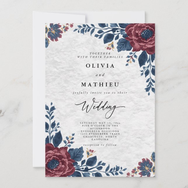 Deep Burgundy Floral Romance Wedding Invitation (Front)