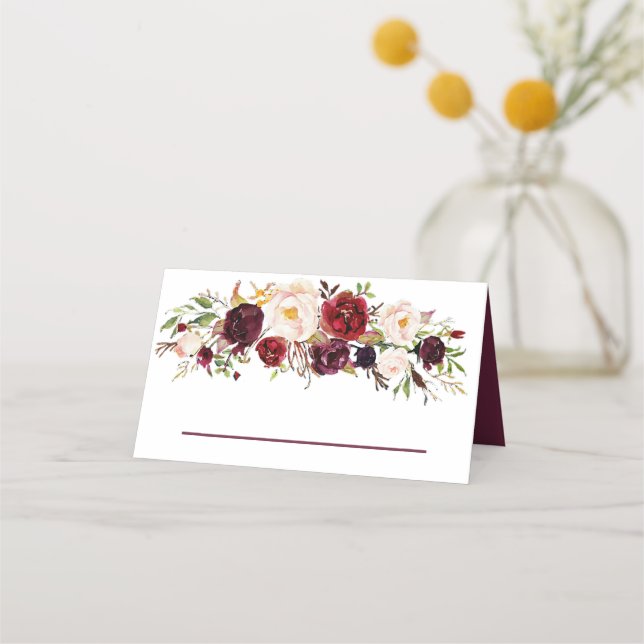 Deep Burgundy Floral Wedding Place Card (Front)