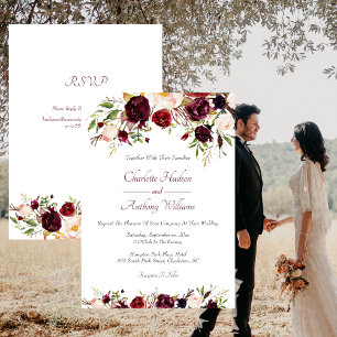 Deep Burgundy Floral Wedding with RSVP Invitation