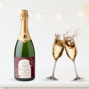 Deep Burgundy Floral with Ivory Arch Wedding Sparkling Wine Label