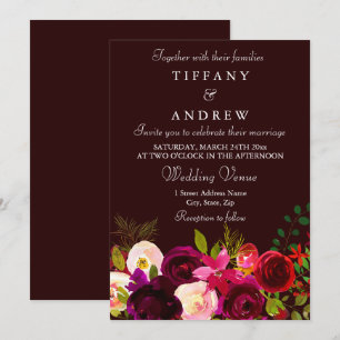 Deep Burgundy Flowers Elegant Wedding Invitation