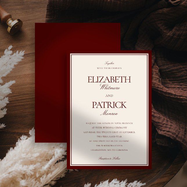 Deep Burgundy Formal Modern Classic Estate Wedding Invitation (deep burgundy wedding invitation quiet luxury old money double frame formal modern classic couple)