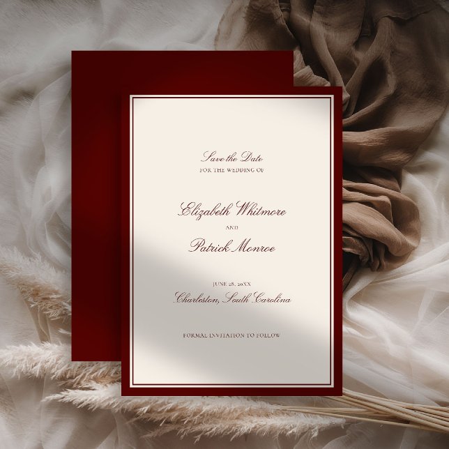 Deep Burgundy Formal Modern Classic Estate Wedding Save The Date (deep burgundy wedding save the date quiet luxury old money formal modern classic estate royal statel)