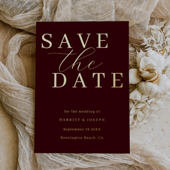 Deep Burgundy & Gold Foil Wedding Save The Date (Creator Uploaded)