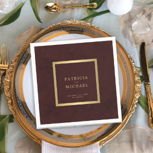 Deep burgundy gold wedding bride and groom napkin
