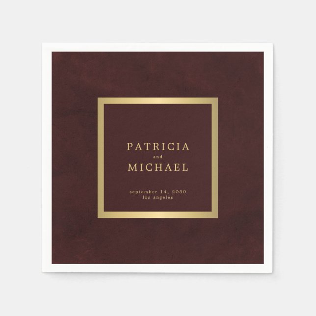Deep burgundy gold wedding bride and groom napkin (Front)