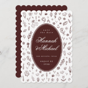 Deep Burgundy Hand Drawn Flowers Spring Wedding Save The Date
