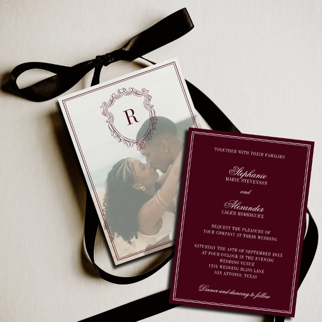 Deep Burgundy Ivory Crest Old Money Photo Wedding Invitation (Creator Uploaded)