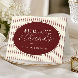 Deep Burgundy Ivory Stripes Oval Old Money Wedding Thank You Card