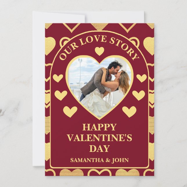 Deep Burgundy Luxury Hearts Valentine’s Gift Photo Holiday Card (Front)