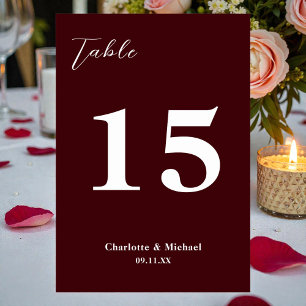Deep Burgundy Minimalist Wedding Table Number