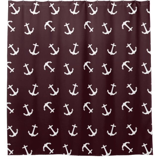 Deep Burgundy Nautical Anchor Pattern Shower Curtain (Front)