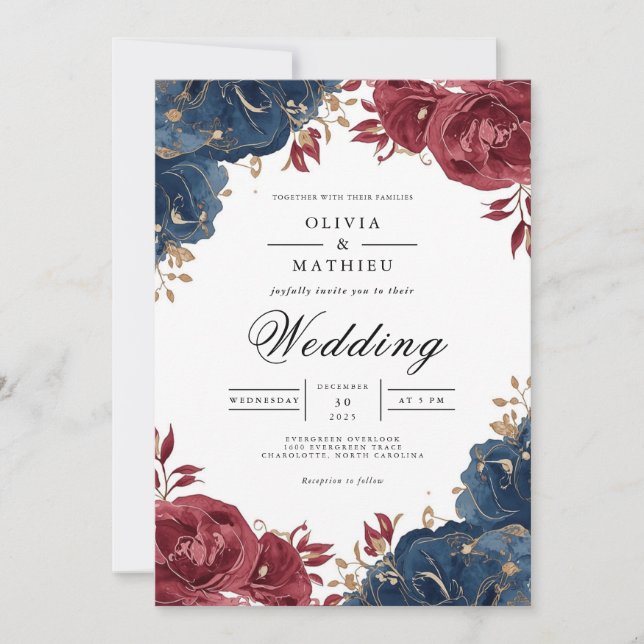 Deep Burgundy & Navy Floral Arch Wedding Invitation (Front)