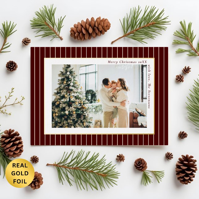 Deep Burgundy Old Money Pinstripe Christmas Photo (Creator Uploaded)