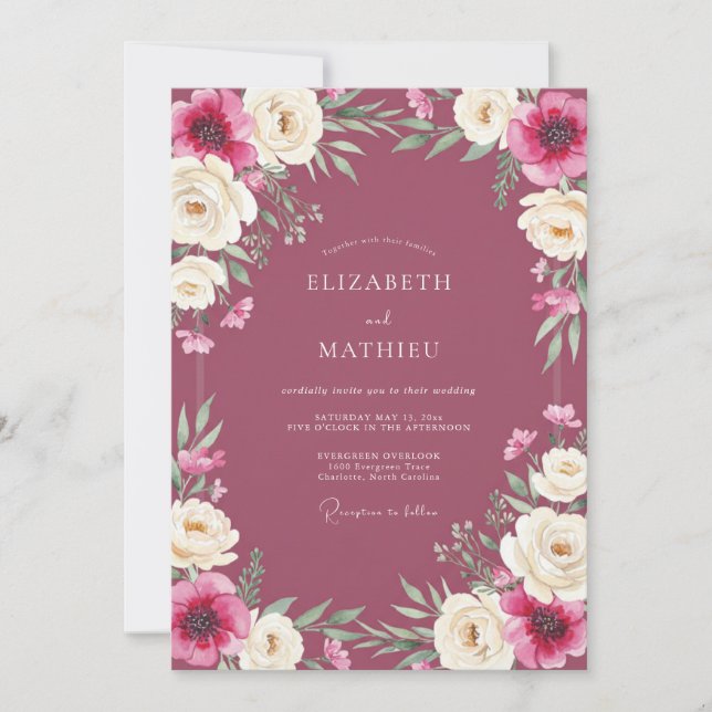 Deep Burgundy Ranunculus Eucalyptus Wedding Invitation (Front)