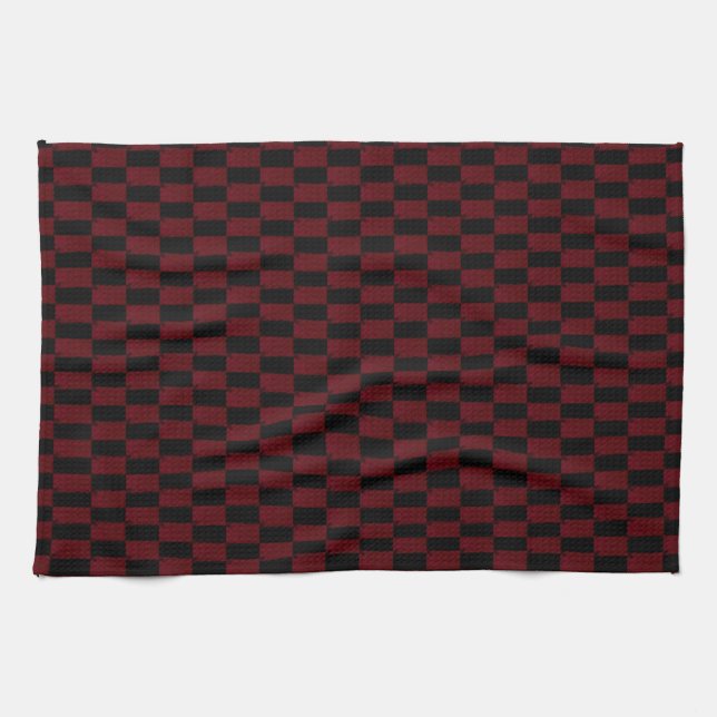 Deep Burgundy Red and Black Woven Pattern Tea Towel (Horizontal)