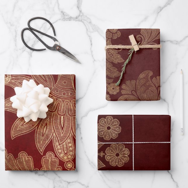 Deep Burgundy Red and Gold Damask Wrapping Paper Sheet (Front)
