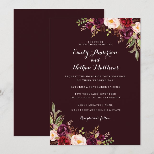 Deep Burgundy Red Floral Wedding Invitation (Front/Back)