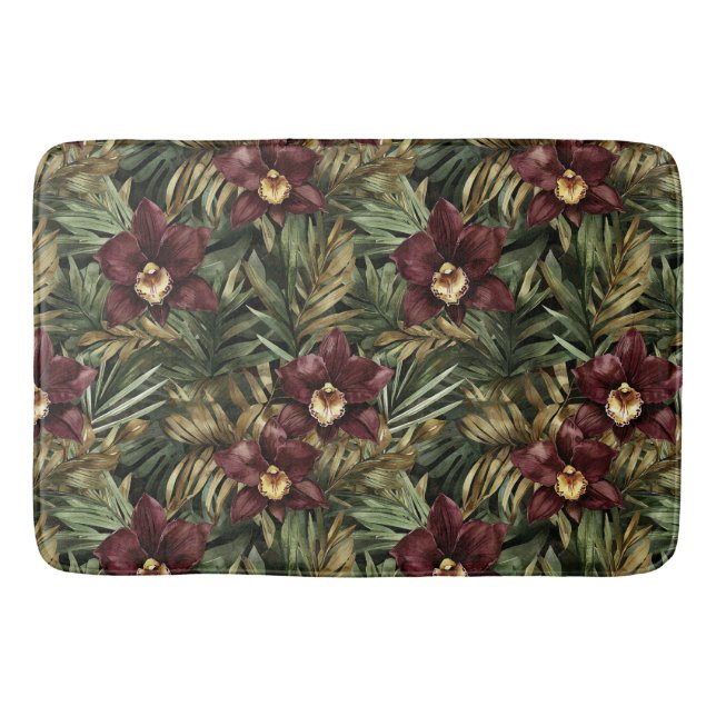 Deep Burgundy Red Orchids Jungle Birthday Bath Mat (Front)