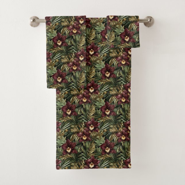 Deep Burgundy Red Orchids Jungle Birthday Bath Towel Set (Insitu)