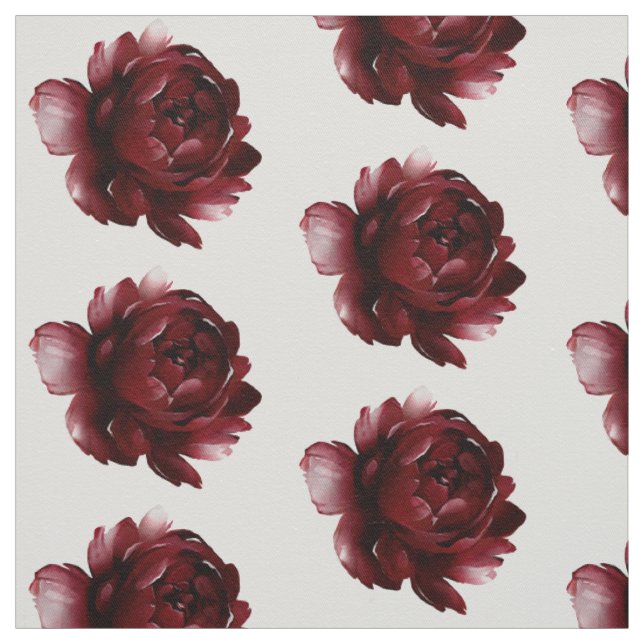 Deep Burgundy Red Watercolor Peony Fabric (Swatch)