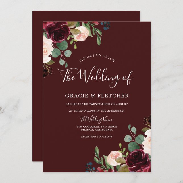 Deep Burgundy Red Wine Blush Floral Wedding Invitation (Front/Back)