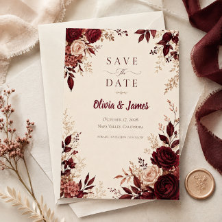 Deep Burgundy Romantic Fall Wedding Save The Date