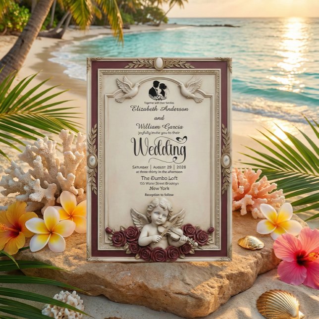 Deep Burgundy Rose & Cherub Vintage Wedding Invitation (Creator Uploaded)