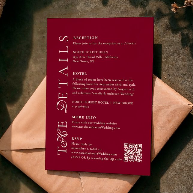 Deep Burgundy Script Qr Code Wedding Details Enclosure Card (Creator Uploaded)