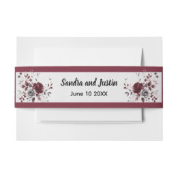 Deep Burgundy Silver Grey Watercolor Floral Custom Invitation Belly Band