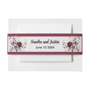 Deep Burgundy Silver Grey Watercolor Floral Custom Invitation Belly Band