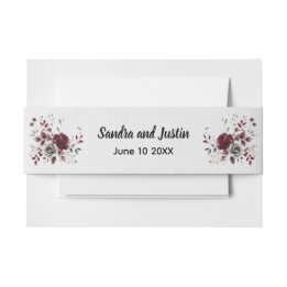 Deep Burgundy Silver Grey Watercolor Floral Custom Invitation Belly Band