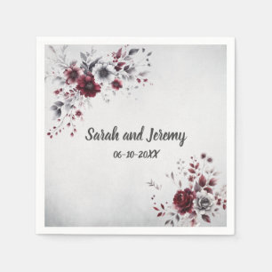 Deep Burgundy Silver Grey Watercolor Floral Custom Napkin