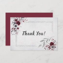 Deep Burgundy Silver Grey Watercolor Floral Custom Thank You Card