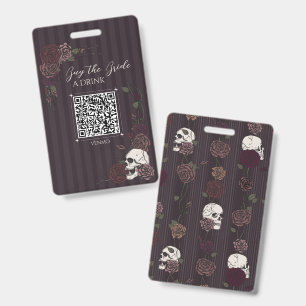 Deep Burgundy Skull Bride Drink QR ID Badge