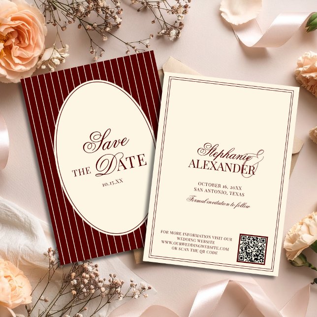 Deep Burgundy Stripes Old Money Wedding QR Code Save The Date (Creator Uploaded)