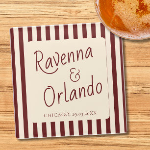 Deep Burgundy Stripes Retro Minimalist Wedding Glass Coaster