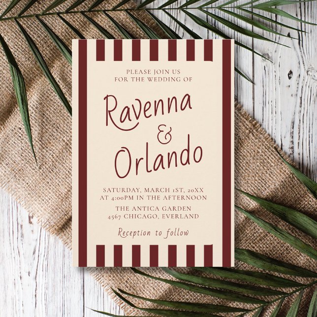 Deep Burgundy Stripes Retro Minimalist Wedding Invitation (Creator Uploaded)