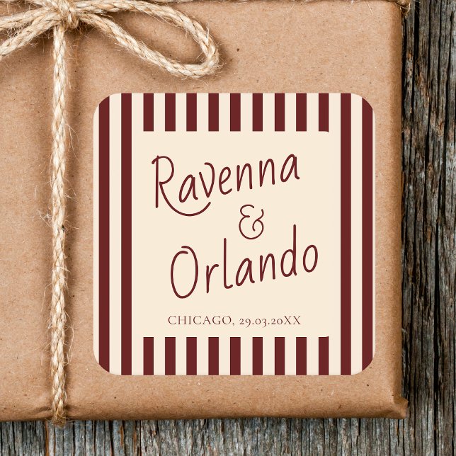 Deep Burgundy Stripes Retro Minimalist Wedding Square Sticker (Creator Uploaded)