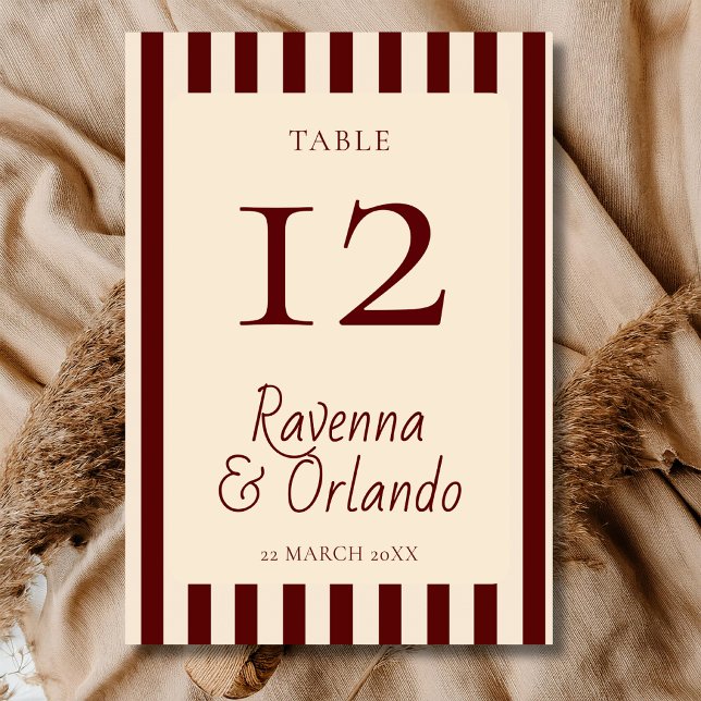 Deep Burgundy Stripes Retro Minimalist Wedding Table Number (Creator Uploaded)