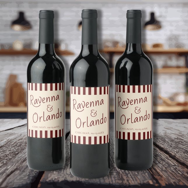 Deep Burgundy Stripes Retro Minimalist Wedding Wine Label (Creator Uploaded)