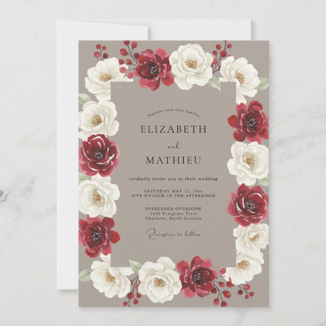 Deep Burgundy Taupe Peony Wedding Invitation (Front)
