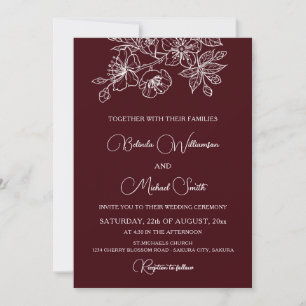 Deep Burgundy White Floral Line Art Wedding Invitation