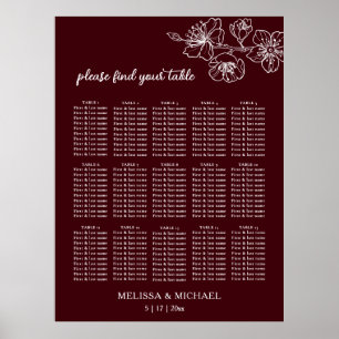 Deep Burgundy White Floral Wedding Seating Chart