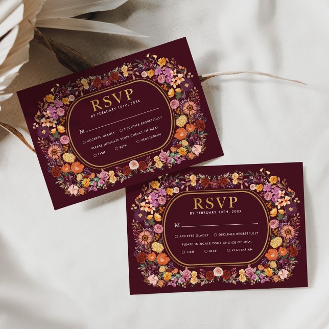 Deep Burgundy Wildflower Wreath wedding RSVP Card (Creator Uploaded)